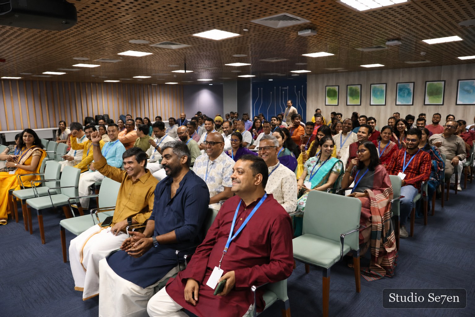 Colleagues enjoying a candid moment together during a corporate gathering