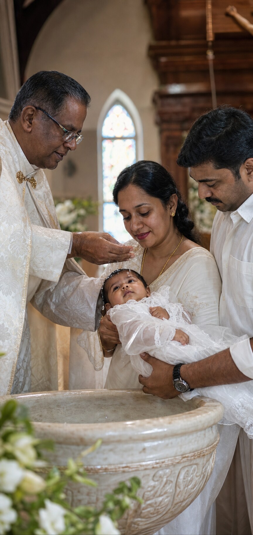 A South Indian Christian family gathered as a priest baptizes their baby in church