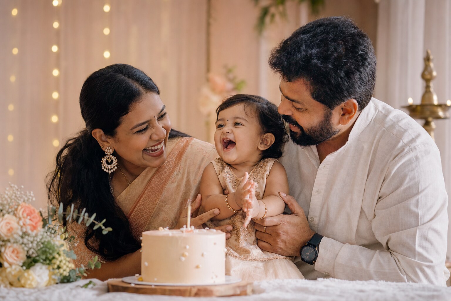 A South Indian family laughing together at their baby's first birthday celebration